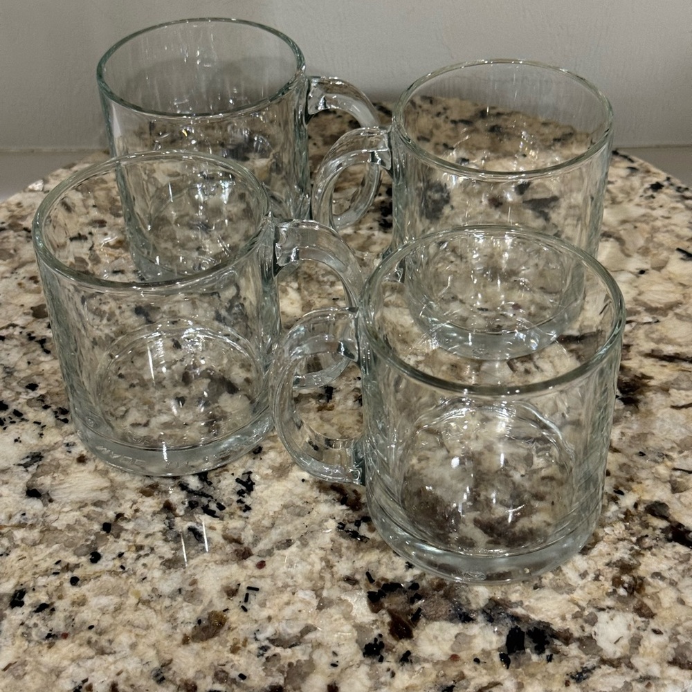 Clear Glass Mug Set (4) Vintage Embossed Made in USA Heavy